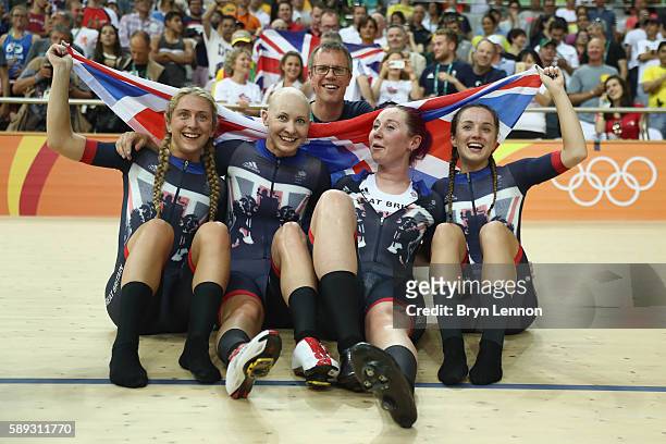 Laura Trott, Joanna Rowsell-Shand, Katie Archibald, Elinor Barker of Great Britain celebrate winning the gold medal after the Women's Team Pursuit...