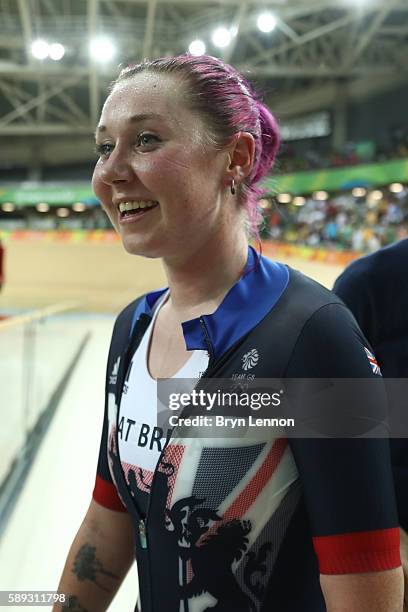 Katie Archibald of Great Britain celebrates winning the gold medal after the Women's Team Pursuit Final for the Gold medal on Day 8 of the Rio 2016...