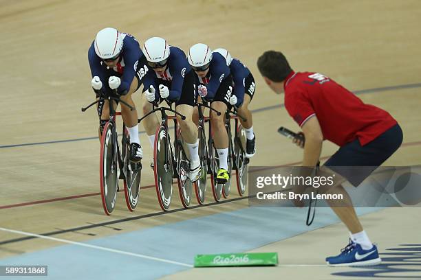 Sarah Hammer, Kelly Catlin, Chloe Dygert and Jennifer Valente of the United States compete in the Women's Team Pursuit Final for the Gold medal on...