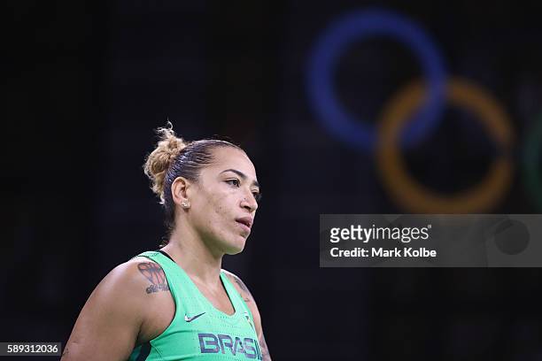 Erika Souza of Brazil looks dejected after defeat during the Women's round Group A basketball match between Brazil and Turkey on Day 7 of the Rio...