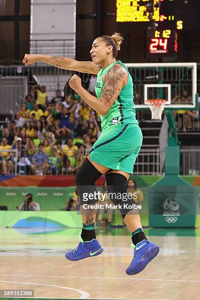 Erika Souza of Brazil celebrates a basket during the Women's round Group A basketball match between Brazil and Turkey on Day 7 of the Rio 2016...