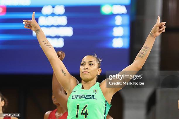 Erika Souza of Brazil celebrates a basket during the Women's round Group A basketball match between Brazil and Turkey on Day 7 of the Rio 2016...