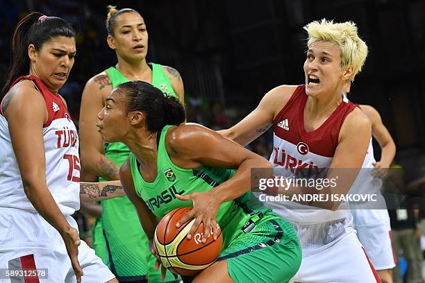 Turkey's point guard Isil Alben holds off Brazil's power forward Clarissa Santos during a Women's round Group A basketball match between Turkey and...