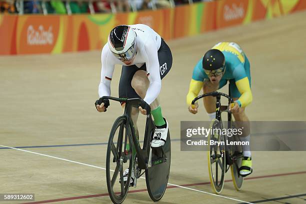 Matthew Glaetzer of Australia and Joachim Eilers of Germany compete in the Men's Sprint Quarterfinal race 2 on Day 8 of the Rio 2016 Olympic Games at...