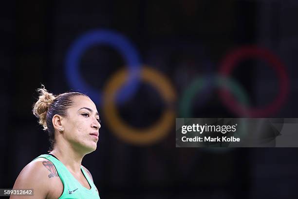 Erika Souza of Brazil looks dejected after defeat during the Women's round Group A basketball match between Brazil and Turkey on Day 7 of the Rio...