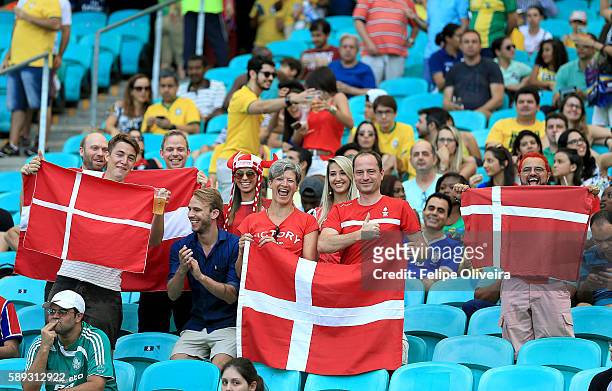 Fans of Denmark during the Men's Football Quarterfinal match at Arena Fonte Nova Stadium on Day 8 of the Rio 2016 Olympic Games on August 13, 2016 in...