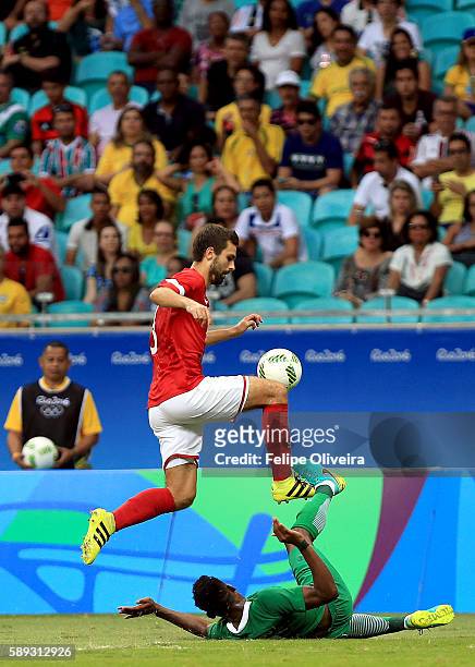 Mathiasen of Denmark in action during the Men's Football Quarterfinal match at Arena Fonte Nova Stadium on Day 8 of the Rio 2016 Olympic Games on...