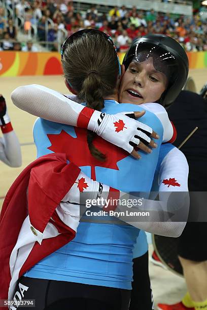 Allison Beveridge, Jasmin Glaesser, Kirsti Lay and Georgia Simmerling of Canada celebrate winning the bronze medal after the Women's Team Pursuit...