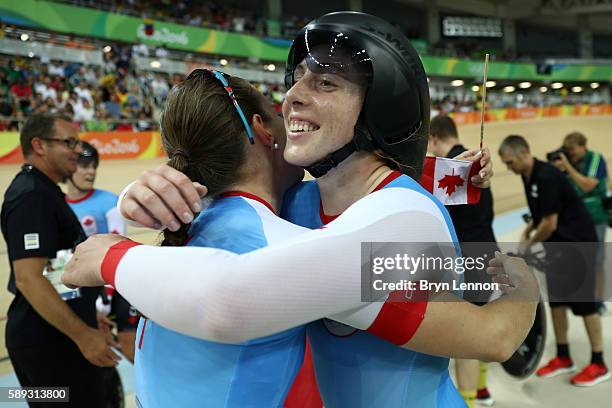 Allison Beveridge, Jasmin Glaesser, Kirsti Lay and Georgia Simmerling of Canada celebrate winning the bronze medal after the Women's Team Pursuit...