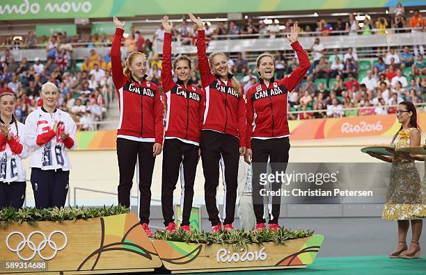 Bronze medalists Allison Beveridge, Jasmin Glaesser, Kirsti Lay and Georgia Simmerling of Canada celebrate on the podium at the medal ceremony for...