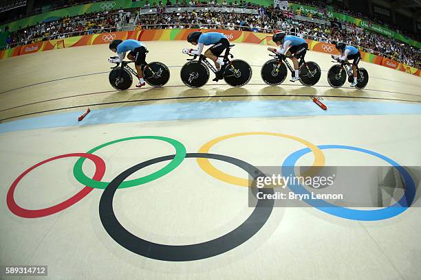 Allison Beveridge, Jasmin Glaesser, Kirsti Lay and Georgia Simmerling of Canada compete in the Women's Team Pursuit Final for the Bronze medal on Day...