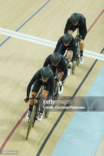 Lauren Ellis, Racquel Sheath, Rushlee Buchanan and Jaime Nielsen of New Zealand compete in the Women's Team Pursuit Final for the Bronze medal on Day...