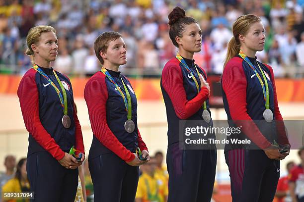 31st Rio 2016 Olympics / Track Cycling: Women's Team Pursuit Finals Podium / Team UNITED STATES / Sarah HAMMER / Kelly CATLIN / Chloe DYGERT /...