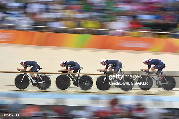 Britain's Katie Archibald, Britain's Elinor Barker, Britain's Joanna Rowsell-Shand and Britain's Laura Trott compete in the women's Team Pursuit...