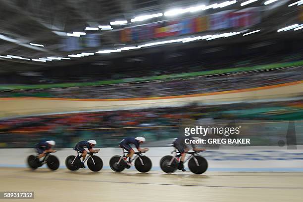 Britain's Katie Archibald, Britain's Elinor Barker, Britain's Joanna Rowsell-Shand and Britain's Laura Trott compete in the women's Team Pursuit...
