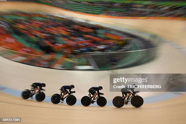 New Zealand's Lauren Ellis, New Zealand's Racquel Sheath, New Zealand's Rushlee Buchanan and New Zealand's Jaime Nielsen compete in the women's Team...