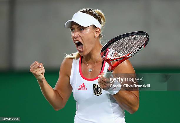 Angelique Kerber of Germany reacts during the Women's Singles Gold Medal Match against Monica Puig of Puerto Rico on Day 8 of the Rio 2016 Olympic...