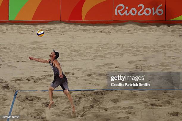 Chaim Schalk of Canada plays a shot during a Men's Round of 16 match between Canada and Netherlands on Day 8 of the Rio 2016 Olympic Games at the...