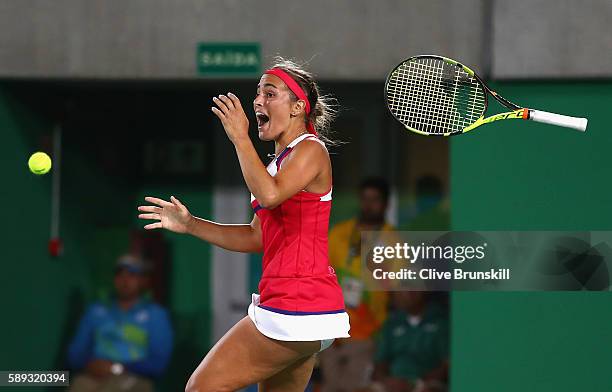 Monica Puig of Puerto Rico reacts after defeating Angelique Kerber of Germany in the Women's Singles Gold Medal Match on Day 8 of the Rio 2016...