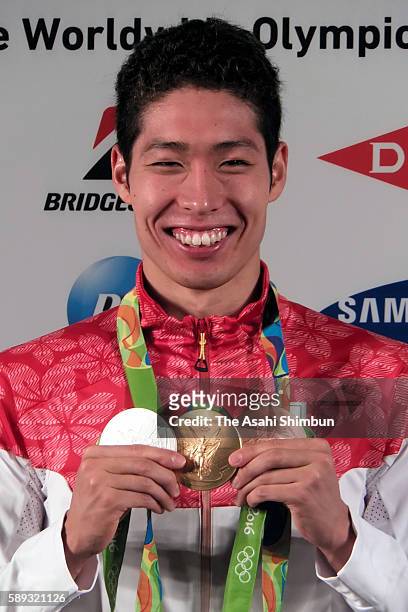Kosuke Hagino of Japan speaks during the Japanese medalists press conference at the Japan House on August 12, 2016 in Rio de Janeiro, Brazil.