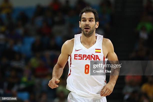 Jose Calderon of Spain runs on the court during the Men's Preliminary Round Group B between Spain and Lithuania on Day 8 of the Rio 2016 Olympic...