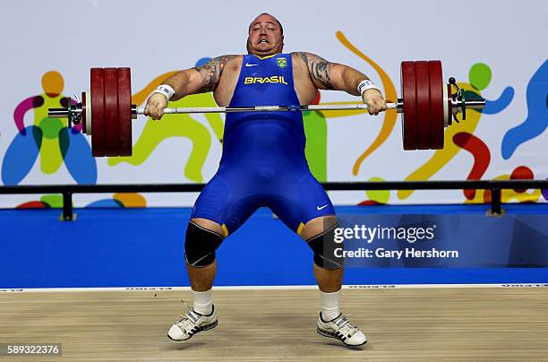 Fernando Reis of Brazil successfully lifts 192kg in the snatch competiton of the +105kg group in weightlifting at the Toronto 2015 PanAm Games in...