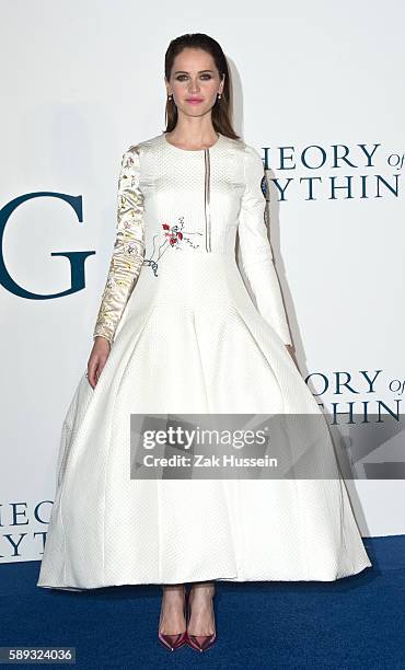 Felicity Jones, wearing a Christian Dior haute couture dress, arriving at the UK premiere of "The Theory of Everything" at the Odeon Leicester Square...