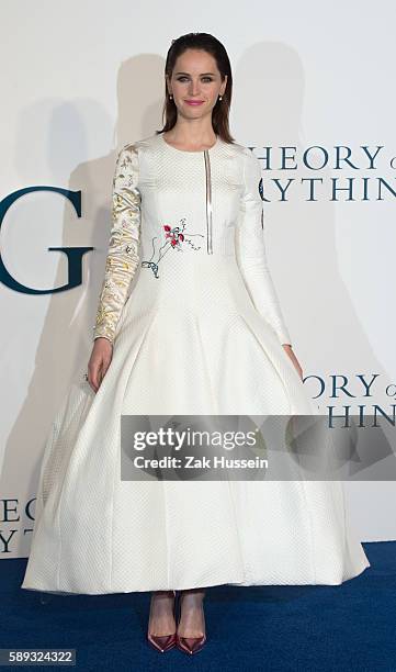 Felicity Jones, wearing a Christian Dior haute couture dress, arriving at the UK premiere of "The Theory of Everything" at the Odeon Leicester Square...