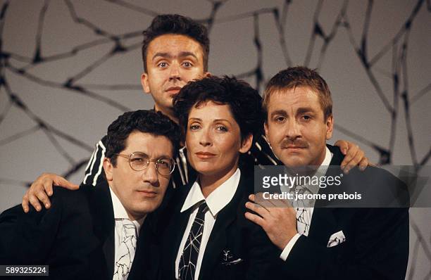 Alain Chabat, Dominque Farrugia, Chantal Lauby and Bruno Carette of the French comic band Les Nuls on Canal Plus.