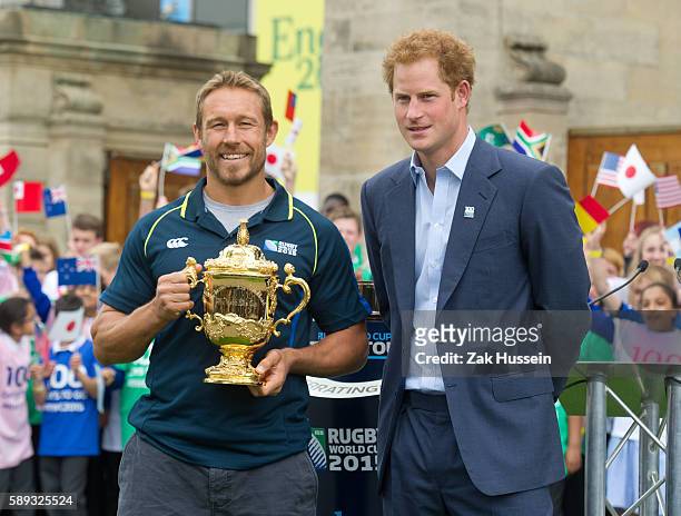Jonny Wilkinson and Prince Harry attending the launch of the Rugby World Cup Trophy Tour, 100 Days Before the Rugby World Cup 2015 at Twickenham...