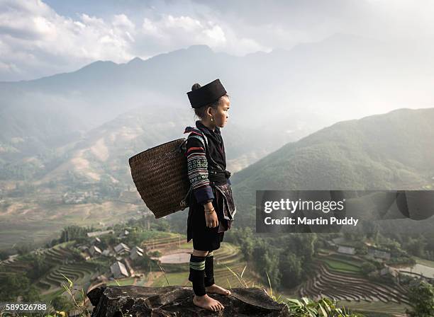 vietnam, young girl of black hmong hilltribe, wearing traditional clothing, standing on hillside, overlooking rice terraces - minoría miao fotografías e imágenes de stock