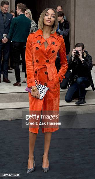 Jourdan Dunn arriving at the Burberry Prorsum show at the London Collections: Men AW15 in London.