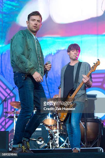 Damon Albarn and Alex James of Blur performing at the British Summertime Festival in Hyde Park, London.