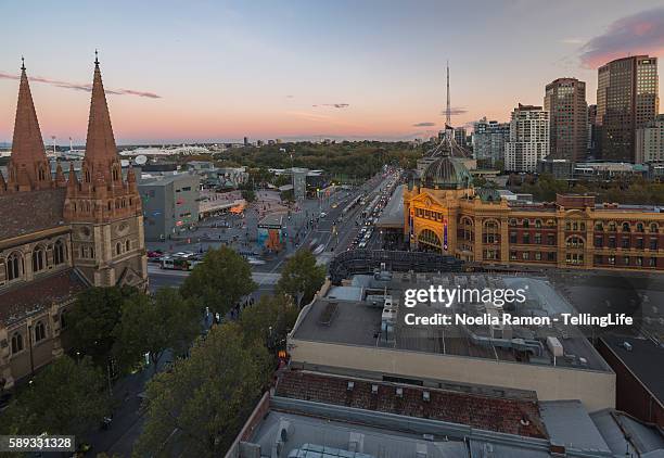 melbourne with iconic buildings and the botanical gardens at sunset victoria, australia - federation square melbourne stock-fotos und bilder