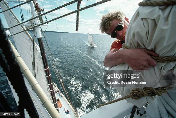 crewman inspecting rigging on schooner - tall ship stock pictures, royalty-free photos & images