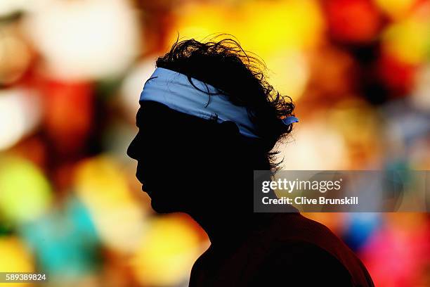 Rafael Nadal of Spain looks on during the Men's Singles Semifinal Match against Juan Martin Del Potro of Argentina on Day 8 of the Rio 2016 Olympic...