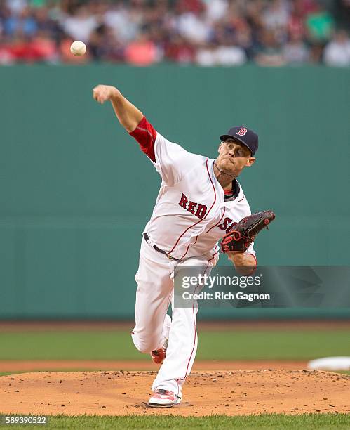 Clay Buchholz of the Boston Red Sox pitches against the Arizona Diamondbacks during the first inning at Fenway Park on August 13, 2016 in Boston,...