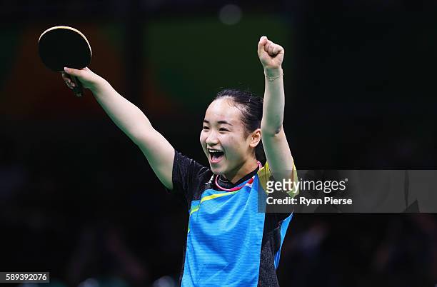 Mima Ito of Japan celebrates against Austria during the Table Tennis Women's Team Round Quarter Final between Japan and Austria during Day 8 of the...
