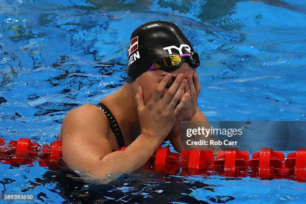 Pernille Blume of Denmark celebrates winning gold in the Women's 50m Freestyle Final on Day 8 of the Rio 2016 Olympic Games at the Olympic Aquatics...