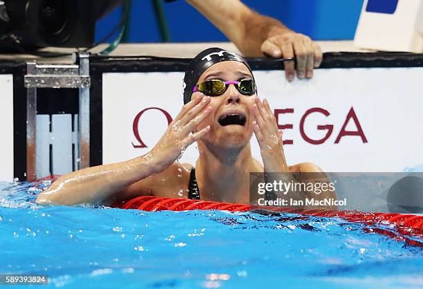 Pernille Blume of Denmark reacts after winning the women's 50m Freestyle on Day 8 of the Rio 2016 Olympic Games at the Olympic Aquatics Stadium on...