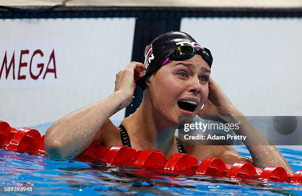 Pernille Blume of Denmark celebrates winning gold in the Women's 50m Freestyle Final on Day 8 of the Rio 2016 Olympic Games at the Olympic Aquatics...