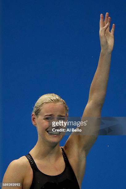 Pernille Blume of Denmark celebrates winning gold in the Women's 50m Freestyle Final on Day 8 of the Rio 2016 Olympic Games at the Olympic Aquatics...