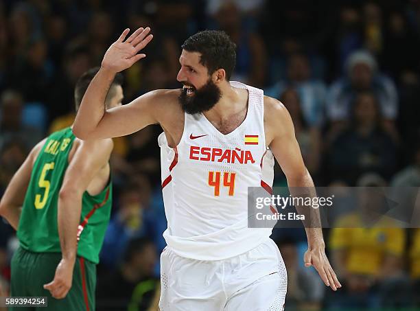 Nikola Mirotic of Spain celebrates a play during the Men's Preliminary Round Group B between Spain and Lithuania on Day 8 of the Rio 2016 Olympic...