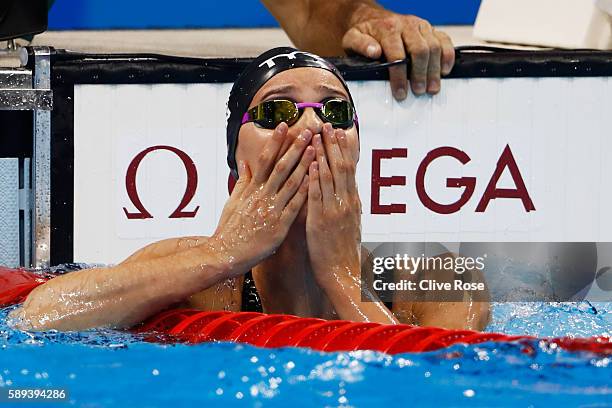 Pernille Blume of Denmark celebrates winning gold in the Women's 50m Freestyle Final on Day 8 of the Rio 2016 Olympic Games at the Olympic Aquatics...