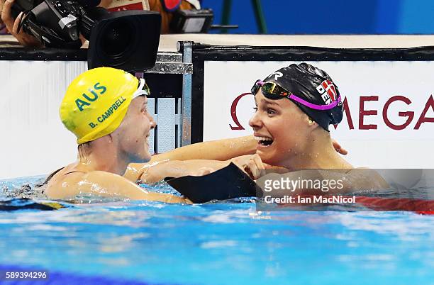 Pernille Blume of Denmark reacts after winning the women's 50m Freestyle on Day 8 of the Rio 2016 Olympic Games at the Olympic Aquatics Stadium on...