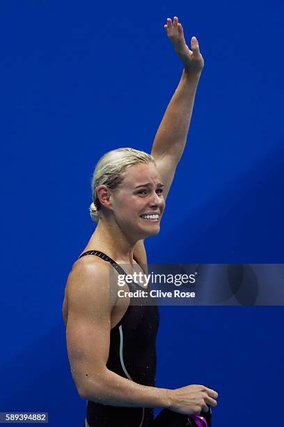 Pernille Blume of Denmark celebrates winning gold in the Women's 50m Freestyle Final on Day 8 of the Rio 2016 Olympic Games at the Olympic Aquatics...