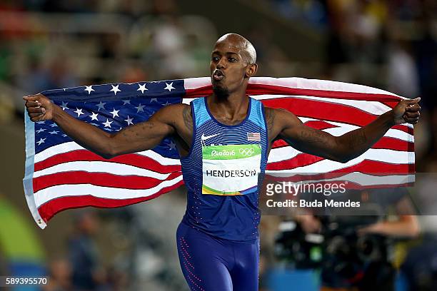 Jeff Henderson of the United States celebrates after wiining the Men's Long Jump Final on Day 8 of the Rio 2016 Olympic Games at the Olympic Stadium...