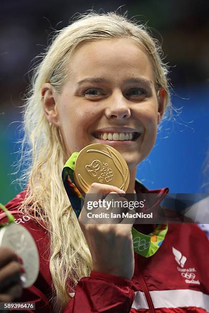 Pernille Blume of Denmark poses with her Gold medal the women's 50m Freestyle on Day 8 of the Rio 2016 Olympic Games at the Olympic Aquatics Stadium...