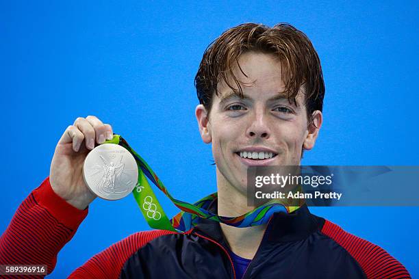 Silver medalist Connor Jaeger of the United States poses on the podium during the medal ceremony for the Men's 1500m Freestyle Final on Day 8 of the...