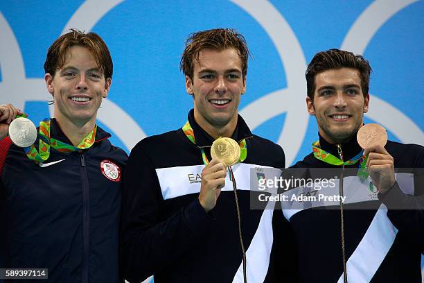 Silver medalist Connor Jaeger of the United States, Gold medalist Gregorio Paltrinieri of Italy and Gabriele Detti of Italy pose on the podium during...